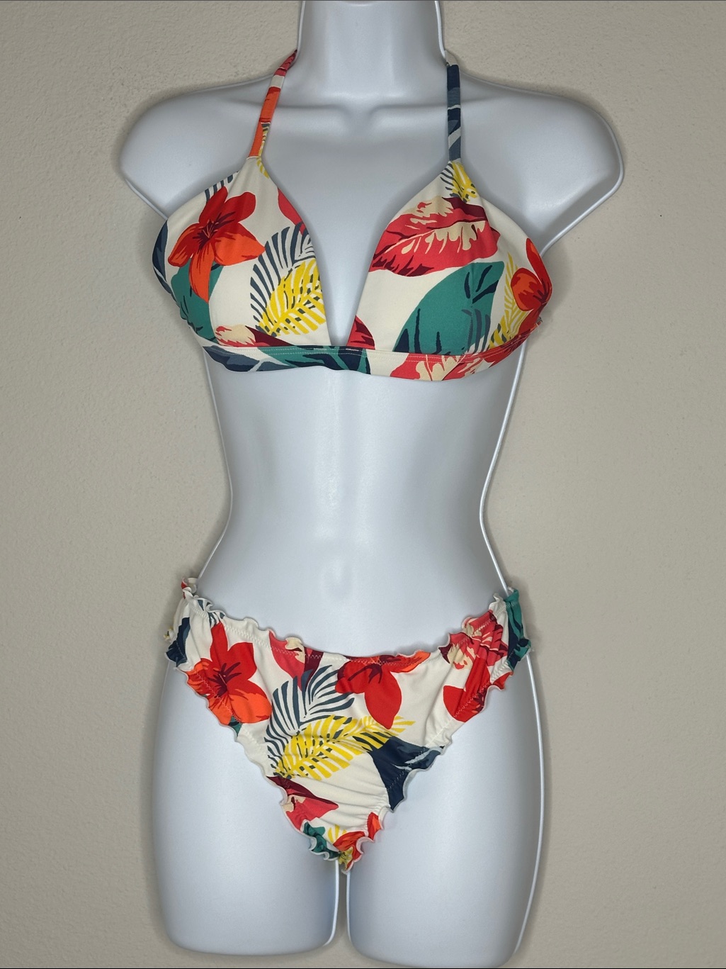 Hollister Cream Floral Halter Bikini With Red & Yellow Accents